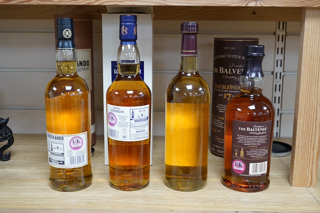 Four various bottles of whisky to include The Balvenie Doublewood 17 year, Royal Lochnagar 12 year, Knockando 12 year and Macroggers. Condition - varies